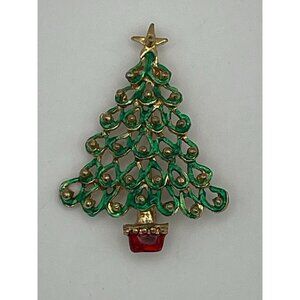Christmas Tree 2.5" Brooch Green Red Gold Tone